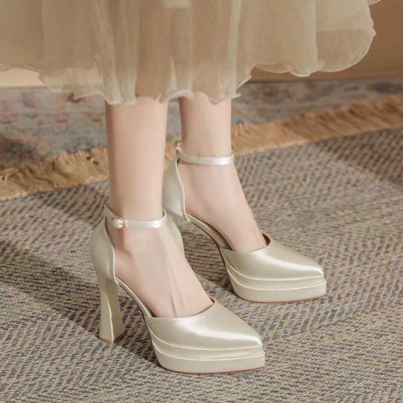 パンプス レディース ポインテッドトゥ チャンキーヒール カットアウト ダブルプラットフォーム スーパーハイヒール サテン ウェディングシューズ 結婚式 パーティー フォーマル ワインレッド アイボリー シャンパンゴールド