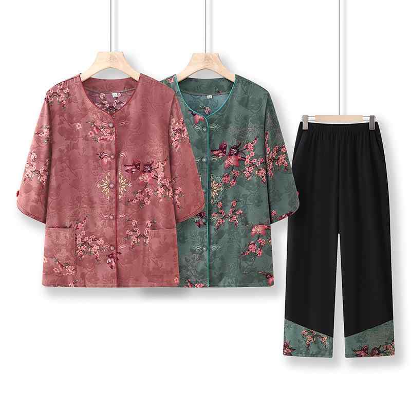 セットアップ レディース シニア 夏物 開襟シャツ 九分丈パンツ 2点セット ゆったり 薄手 中高年 ママ 花柄 刺繍 ポリエステル グリーン系 レッド系 普段着 お出かけ