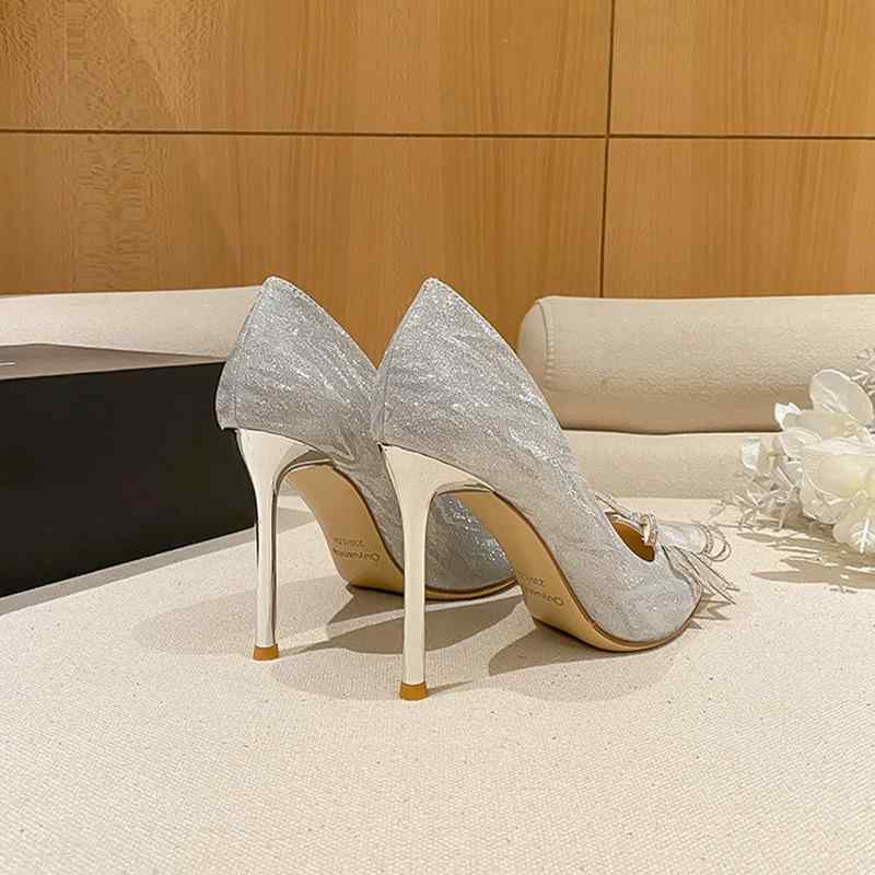 パンプス レディース ポインテッドトゥ 浅履き ストライプ リボン 細ヒール 超ハイヒール エレガント 上品 韓国 PUレザー 秋