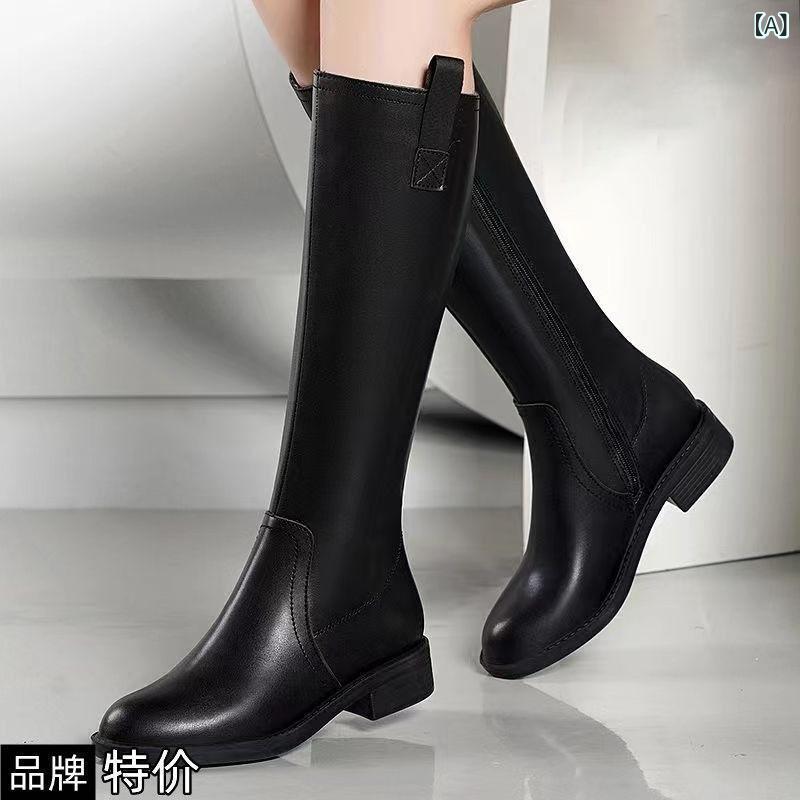ブーツ レディース 女性用 ロングブーツ ライディングブーツ 膝丈 裏起毛 フェイクファー 秋冬 低身長向け ポインテッドトゥ チャンキーヒール 防滑 保温 耐摩耗性 サイドジップ PUレザー 合皮 ラバーソール ストリート