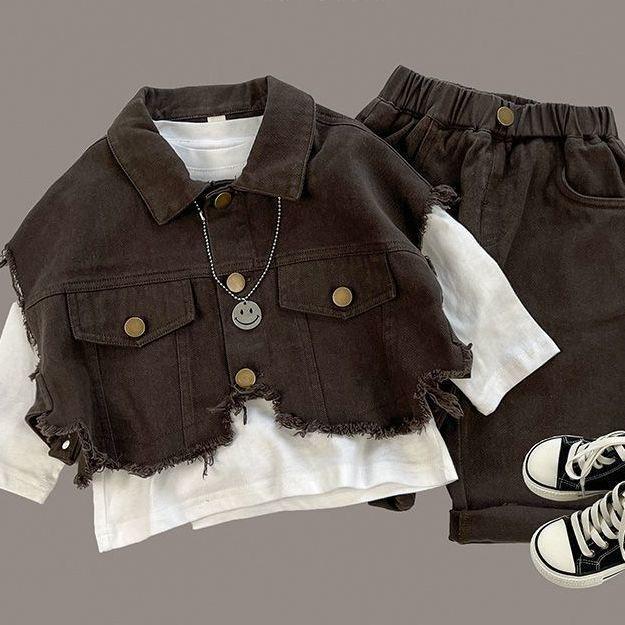 キッズ 男の子 セットアップ スリーピース 無地 ベスト ノースリーブ Tシャツ 長ズボン 綿混 春秋 おしゃれ ナチュラルスタイル カジュアル 普段使い 通学 ソフトな肌触り
