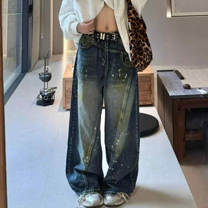 デニムパンツ ユニセックス アメカジ ヴィンテージ風 切り替え ペンキ加工 ハイウエスト スタイルアップ ワイドストレート ダッドパンツ カジュアル 春秋