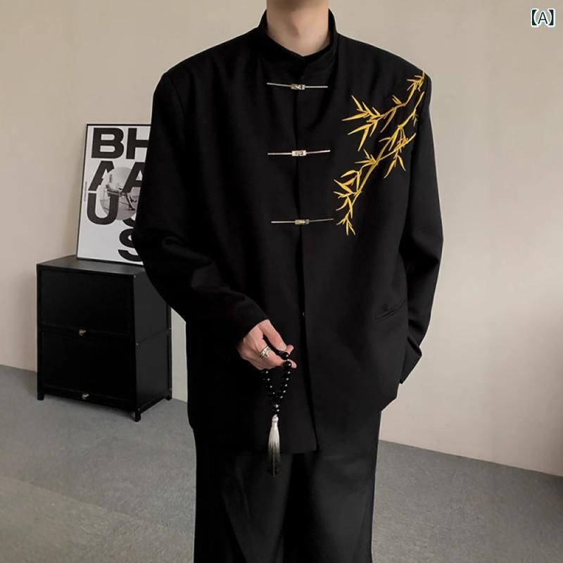 スーツ メンズ 男性用 スタンドカラー チャイナスーツ 上下セット 金竹柄刺繍 成人式 婚約式 結婚式 フォーマル 礼服 舞台衣装 黒 ポリエステル 春秋 ゆったり ルーズフィット
