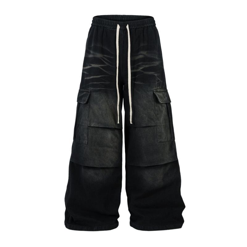 ジーンズ メンズ アメカジ ストリート トレンド ブラック ルーズフィット ドロップクロッチ ドローストリング ウォッシュ加工 コットン マルチポケット バイカー 高級感