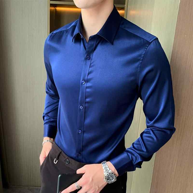 シャツ メンズ 男性用 長袖 接触冷感 伸縮性 ストレッチ ポリエステル スリムフィット 細身 韓国 無地 ワイシャツ カッターシャツ 普段使い デイリー ビジネス オフィス カジュアル レギュラーカラー アイロン不要 形状安定