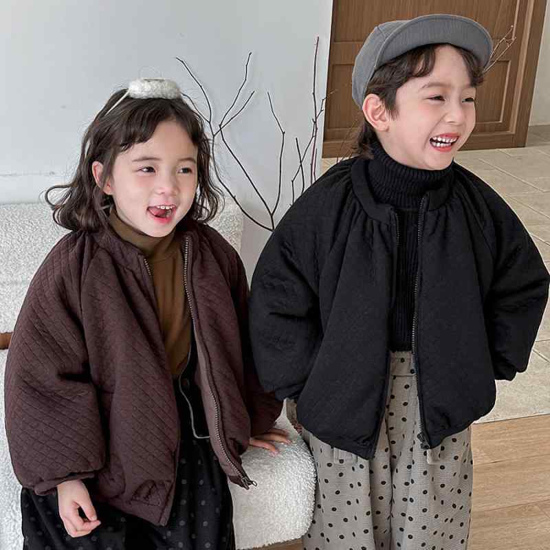 アウター キッズ ベビー 男の子 女の子 中綿ジャケット 防寒 厚手 綿入り チェック柄 パファージャケット 冬用 柔らかな肌触り カジュアル 通園 通学 普段使い 丸襟 ダークブラウン ブラック