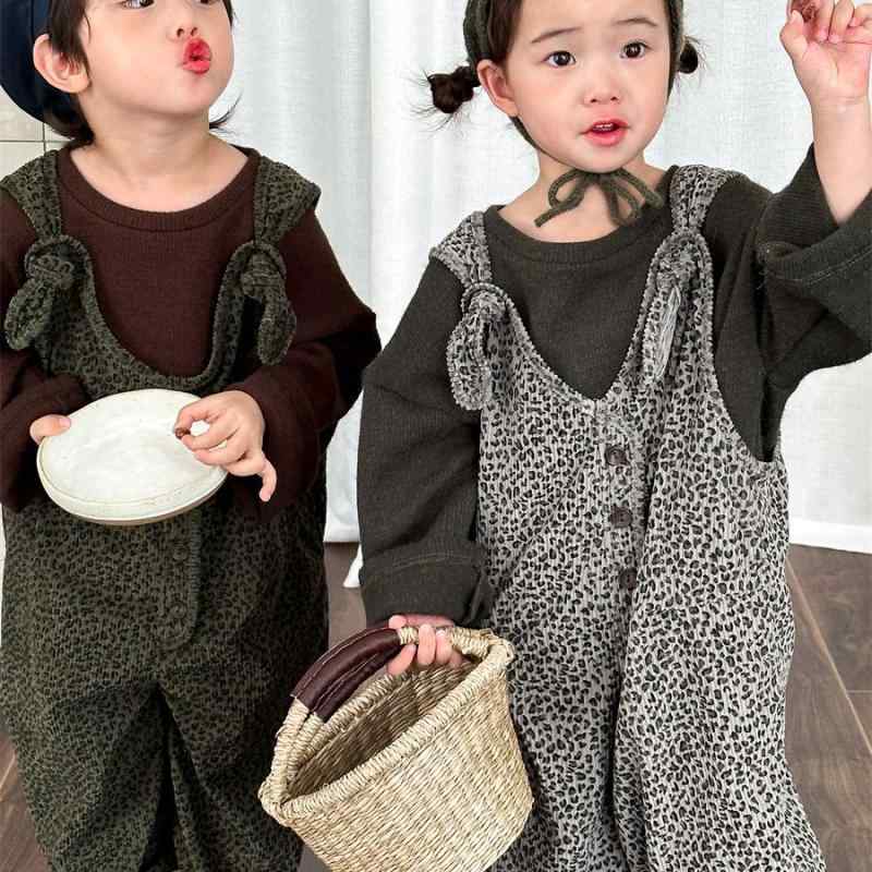 サロペット キッズ ベビー 男の子 女の子 オーバーオール オールインワン コーデュロイ ヒョウ柄 森ガール レトロ カジュアル ロング丈 ポリエステル 秋冬