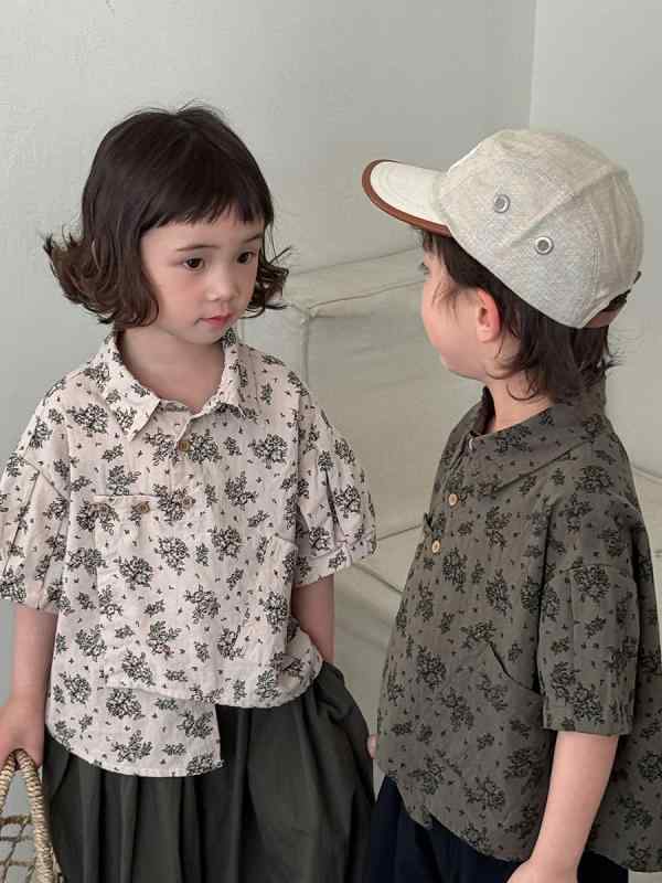 シャツ キッズ ベビー 男女兼用 小花柄 半袖 レトロ ナチュラル 開襟 カジュアル 綿 コットン 柔らか素材 夏 グレーグリーン ベージュ トップス