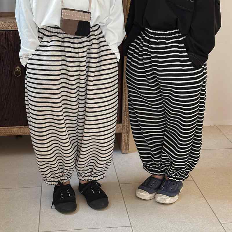 キッズ 男の子 女の子 ベビー ユニセックス ストライプ柄 長ズボン ハーレムパンツ ジョガーパンツ スウェットパンツ 裾絞り 綿 コットン ゆったり カジュアル 普段使い 春夏 黒 アイボリー