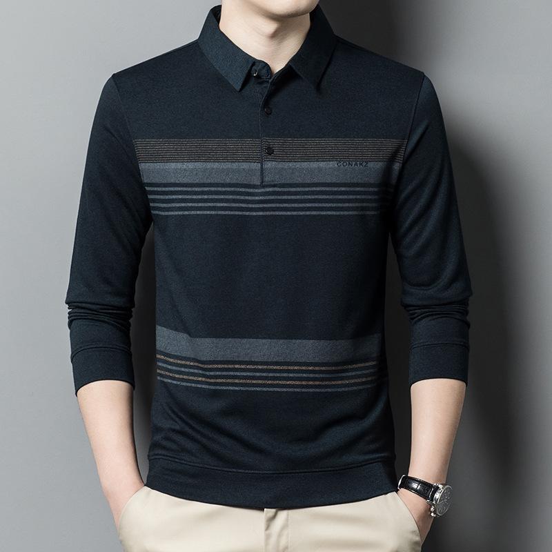 POLOシャツ メンズ 長袖 ストライプ柄 襟付き 中年層向け ゆったり リラックスフィット 春秋 通気性 ポリエステル混紡 ブルー系 グリーン系 パープル系 通勤 ビジネス 大人カジュアル