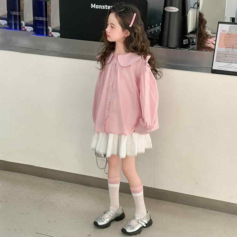 ブラウス キッズ 女の子 ジュニア トップス ドールブラウス 春 韓国 かわいい おしゃれ 綿 長袖 襟付き ゆったり Aライン ピンク ホワイト 普段使い 着回し