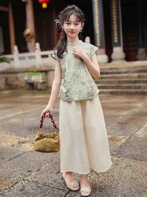 セットアップ ジュニア ガールズ 漢服風 中国古典 半袖 ロングパンツ 夏物 薄手 軽量 イベント衣装 発表会 普段着 お出かけ ポリエステル綿混 グリーン