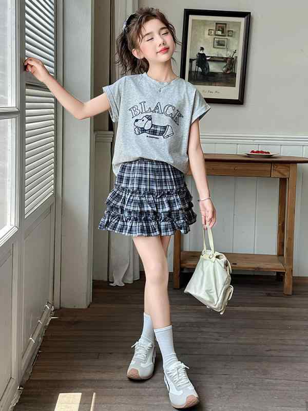 セットアップ キッズ 女の子 ジュニア 春夏 チェック柄 フリル 半袖 ショート丈スカート 上下セット カジュアル デイリー 綿混紡 薄手 かわいい