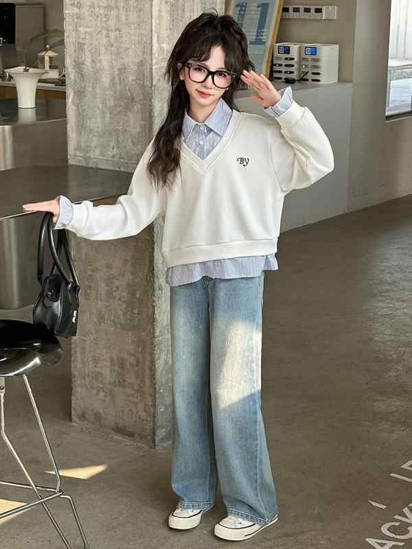 セットアップ 女の子 ジュニア フェイクレイヤード スウェット 上下セット デニムパンツ プリーツスカート 韓国 おしゃれ カジュアル 綿混 ポリエステル 通学 普段使い 春秋