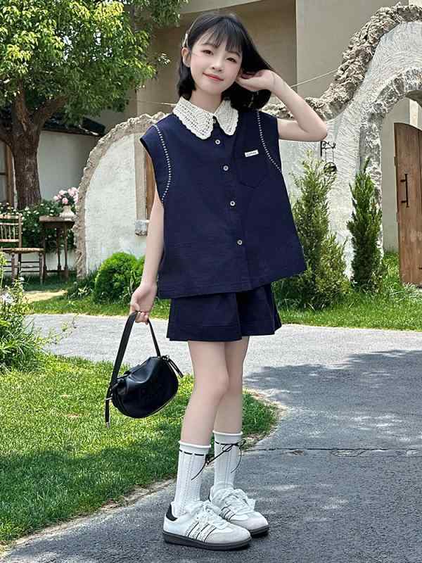 セットアップ キッズ 女の子 ジュニア 夏 韓国ファッション おしゃれ 開襟 ノースリーブ シャツ ショートパンツ ツーピース カジュアル 薄手 無地 柔らか 綿混 ネイビー