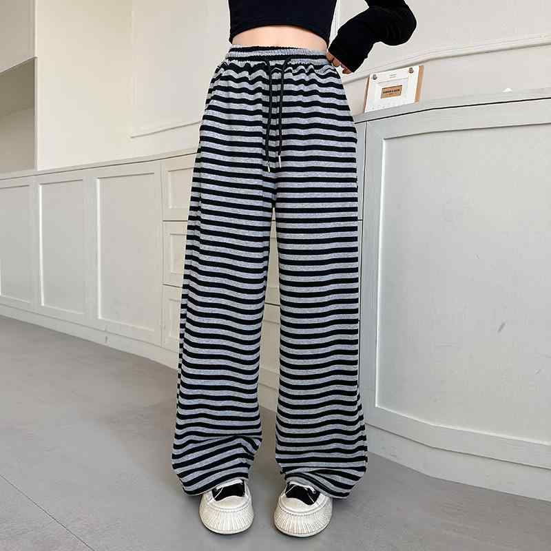 キッズ 女の子 ガールズ ジュニア ストライプ柄 カジュアル ニット ワイドパンツ ロング 綿 コットン 普段使い 部屋着 伸縮性 ウエストゴム 春秋