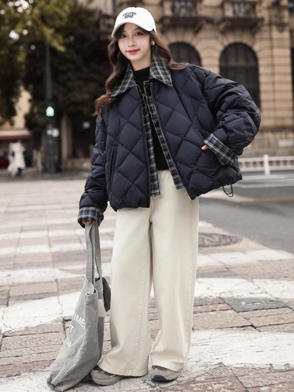 落ち込む上衣 ガールズ 御坊っちゃん 重ね着風 フェイクレイヤード 落ち込む 軽さ 透け透け キルティング ひし形柄 ボンネット付き添い人 ゆったり 大層らしい大きさ 韓国 オルチャンスタイル 冬 アウター 厚地の外套 米国海軍