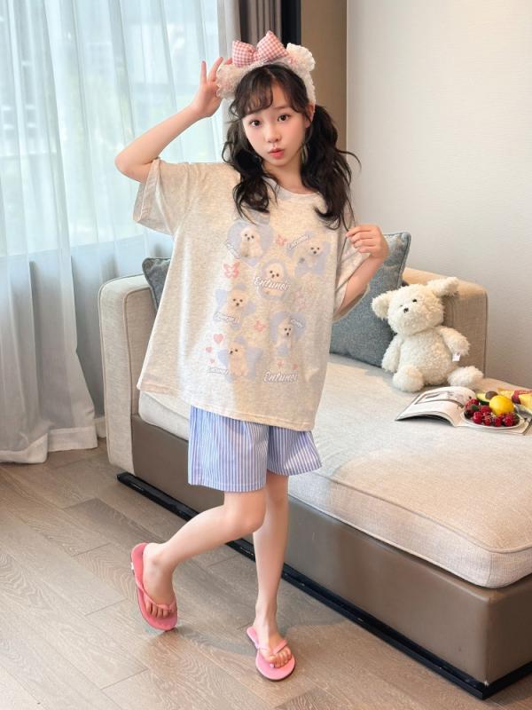 パジャマ 女の子 キッズ ガールズ ルームウェア 上下セット キャラクター かわいい おしゃれ 韓国 トレンド 半袖 ショートパンツ 夏 綿 ポリエステル 吸湿速乾 部屋着 普段使い グレー