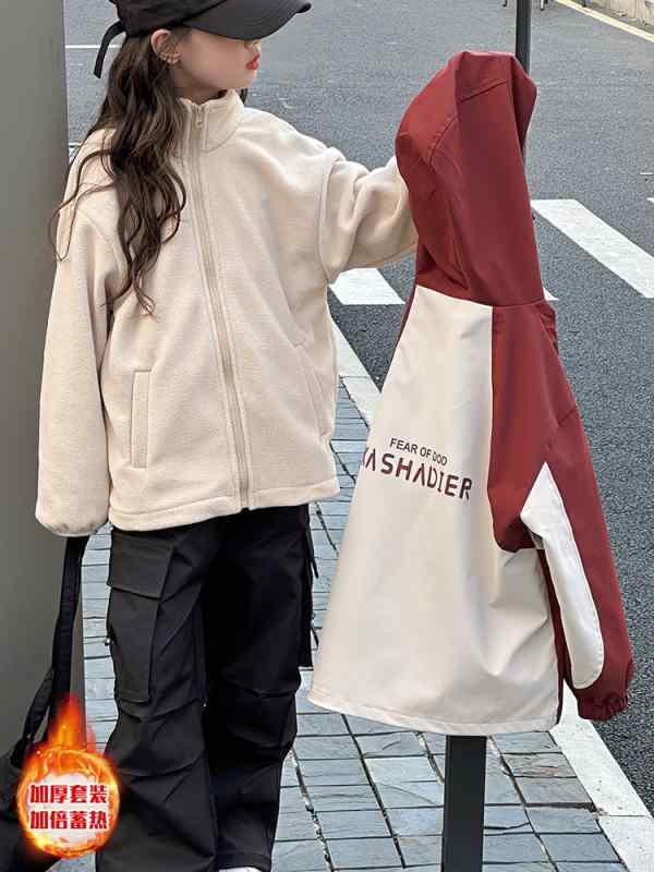 アウター キッズ 女の子 ジュニア マウンテンパーカー 3WAY 取り外し可能 フード付き 厚手 防寒 レッド ポリエステル ショート丈 登山 アウトドア 韓国 カジュアル 冬