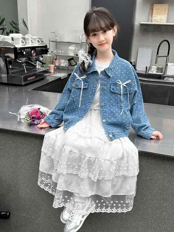 デニムジャケット 女の子 ジュニア 子供服 水玉 ドット柄 韓国 ファッション 襟付き 長袖 ショート丈 綿 コットン ソフト加工 カジュアル 春秋 アウター