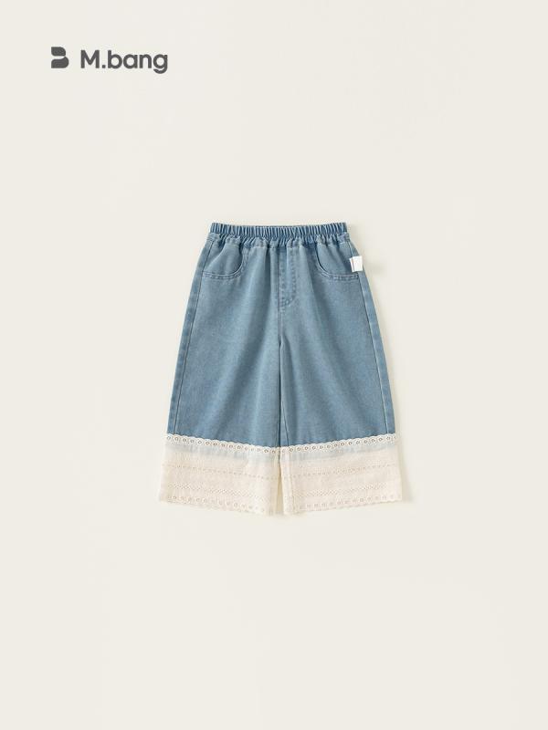 デニムパンツ キッズ 女の子 韓国 おしゃれ かわいい フリル 切り替え ロング丈 長ズボン 綿 コットン 夏 ブルー カジュアル ボトムス 普段着 通学