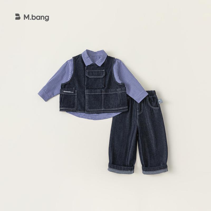 セットアップ キッズ 男の子 デニムベスト チェック柄シャツ 長袖 長パンツ 3点セット 韓国 カジュアル コットン 綿 柔らか 春秋 紺 ダークブルー｜おうち健康生活