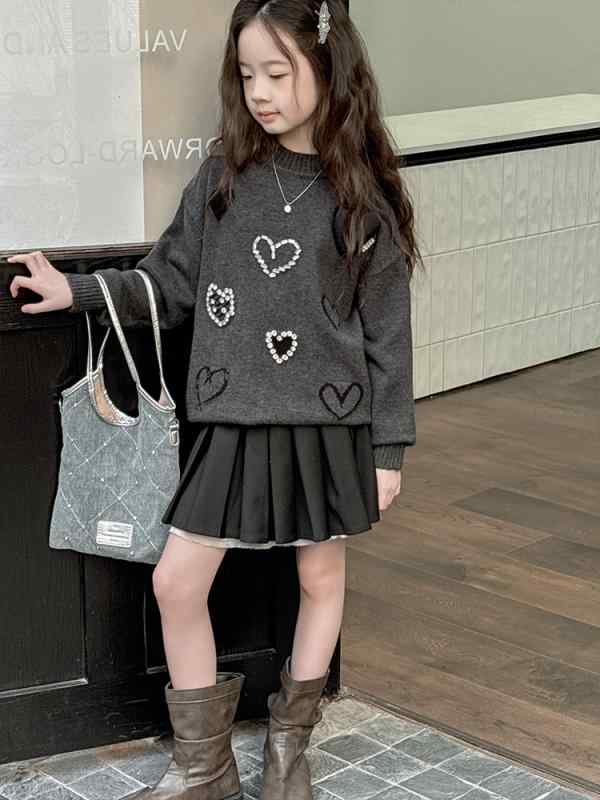 セーター 女の子 子供服 キッズ プルオーバー ニット ハート ラインストーン アクリル クルーネック 長袖 秋冬 カジュアル おしゃれ かわいい インナー 通学 普段使い グレー