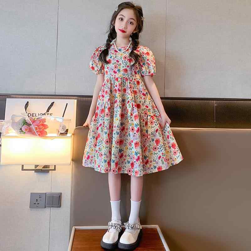 ワンピース 女の子 ガールズ 中大童向け 春夏 小花柄 フローラル コットン 綿 半袖 Aライン かわいい おしゃれ 普段使い お出かけ レッド