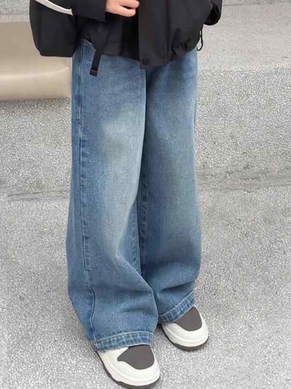 キッズ デニムパンツ 女の子 ジュニア 春秋 ワイドパンツ ロングパンツ ゆったり おしゃれ カジュアル 綿 ブルー 着回し サンドウォッシュ ウォッシュ加工 ゴムウエスト