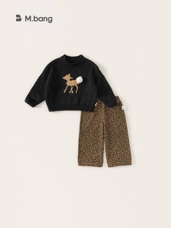 セットアップ キッズ 女の子 ベビー ふわふわ ニットトップス ロングパンツ 2点セット ヒョウ柄 上下セット 長袖 アクリル素材 柔らかい 春秋 カジュアル 普段着 お出かけ ルームウェア ブラック ベージュ