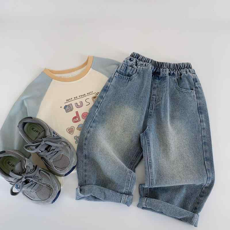 デニムパンツ キッズ 男女兼用 ジーンズ 子供服 男の子 女の子 無地 ゆったり ルーズフィット 長ズボン ロングパンツ 綿 コットン 柔らかい肌触り 韓国 おしゃれ 普段使い 通学 ミッドウエスト ゴムウエスト ブルー 青 春秋