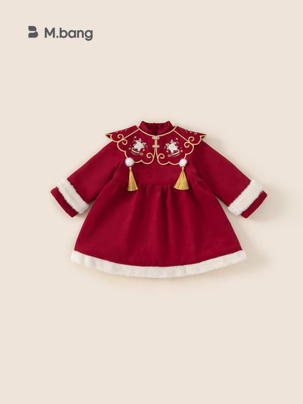 ワンピース 女の子 キッズ 唐装 チャイナドレス 雲肩 中華風 民族衣装 お正月 年末年始 新年 祝い着 普段使い ハレの日 パーティー 記念撮影 赤 レッド キャラクター柄 かわいい ソフト加工 ポリエステル 冬 Aライン ロングワンピース
