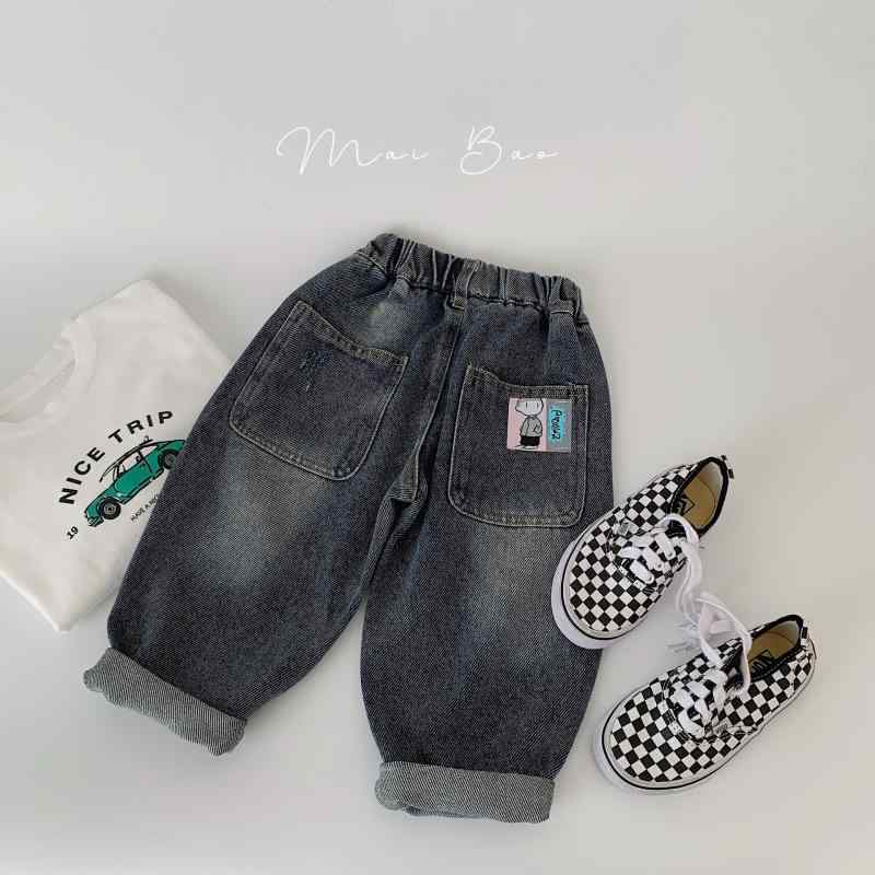 デニムパンツ 男の子 ボーイズ キッズ 韓国 カートゥーン柄 かわいい かっこいい トレンド ベーシック 綿 コットン 柔らかい ウエストゴム ロングパンツ ブルー 春秋 普段使い 通学 お出かけ カジュアル