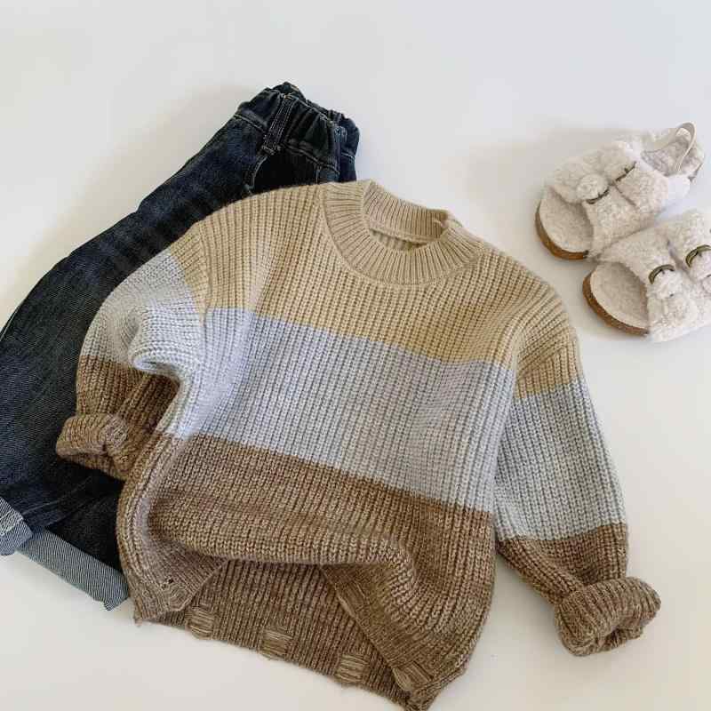 セーター キッズ 男の子 春秋 アクリル ニット 配色 プルオーバー 長袖 ヴィンテージ風風 韓国 柔らかい カーキ 普通地 トレンド 通園 通学 普段着