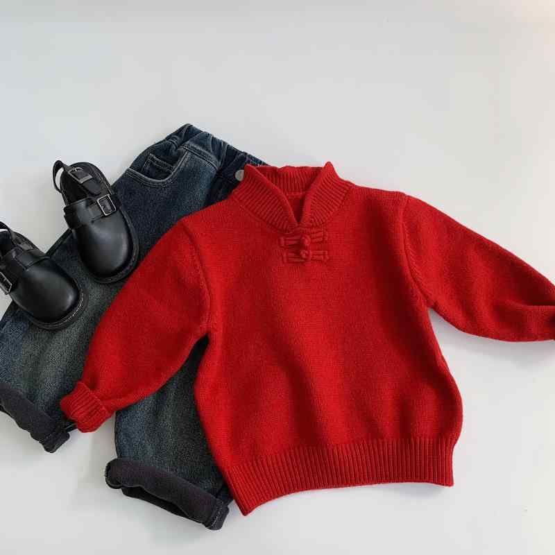 ニット キッズ 男女兼用 プルオーバー セーター アクリル 長袖 レッド 赤 中国風 お正月 普段使い かわいい 柔らか おしゃれ 着回し 秋冬