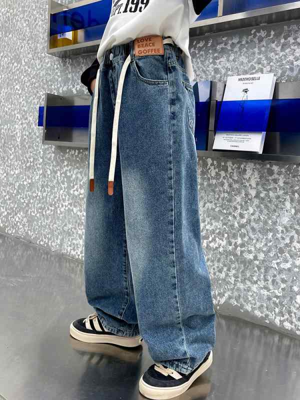 デニム 男の子 キッズ ジュニア ボーイズ 裏起毛 ストレートパンツ 厚手 暖か おしゃれ カジュアル ボトムス ジーンズ 普段使い 通学 秋冬 ブルー