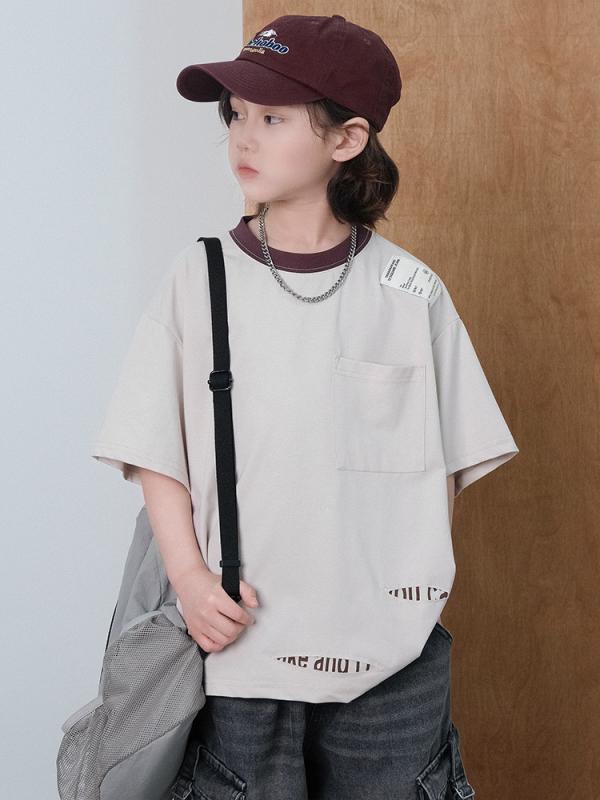 Tシャツ 男の子 キッズ ジュニア ボーイズ 半袖 カジュアル ダメージ ポケット 無地 綿 コットン 吸湿速乾 クルーネック 丸首 ベージュ アイボリー 夏服 普段着 通学 お出かけ ソフトタッチ