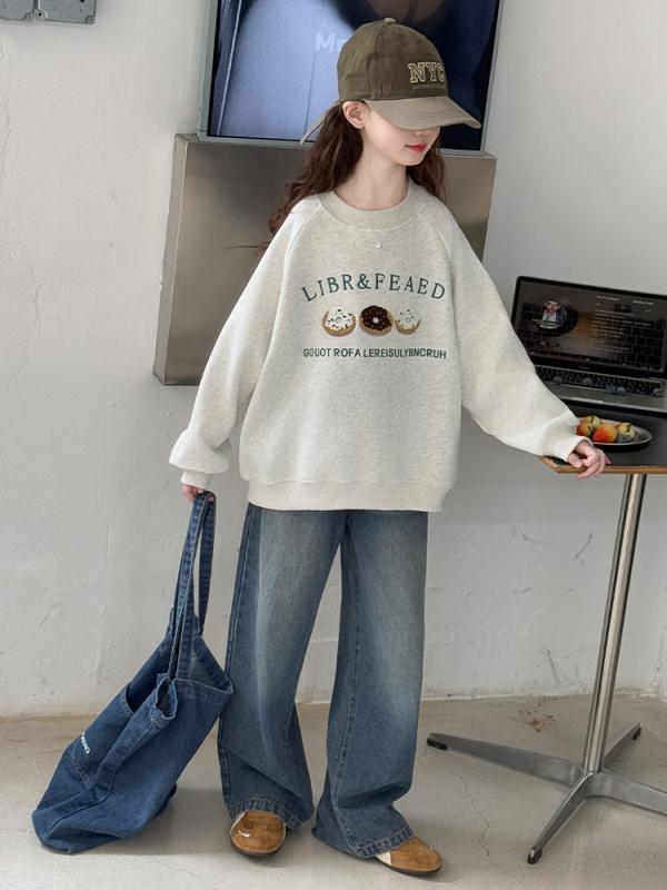 トレーナー スウェット 女の子 ガールズ ジュニア 春秋 クルーネック ラウンドネック 長袖 ゆったり ルーズフィット 綿 コットン トップス シンプル ベーシック カジュアル ファッション 普段使い 通学着