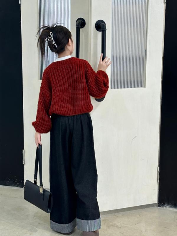 パンツ ガールズ 女の子 ジュニア 裏起毛 デニム ジーンズ ワイド ストレート 厚手 秋冬 あったか カジュアル おしゃれ ロング丈 着回し