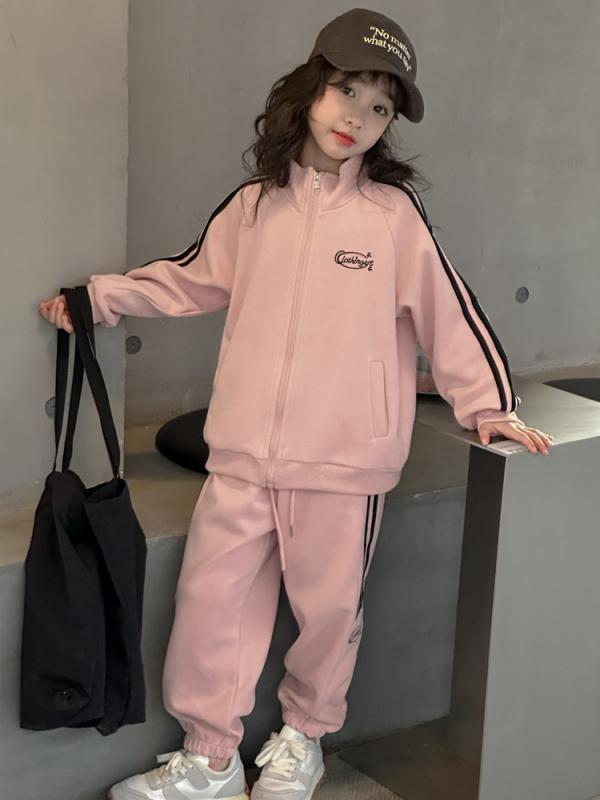 キッズ 女の子 ジュニア スポーツウェア 上下セット 春秋 ジップアップスウェット ロングパンツ カジュアル 運動着 普段使い 通学 コットン混紡 長袖 無地 ピンク パープル