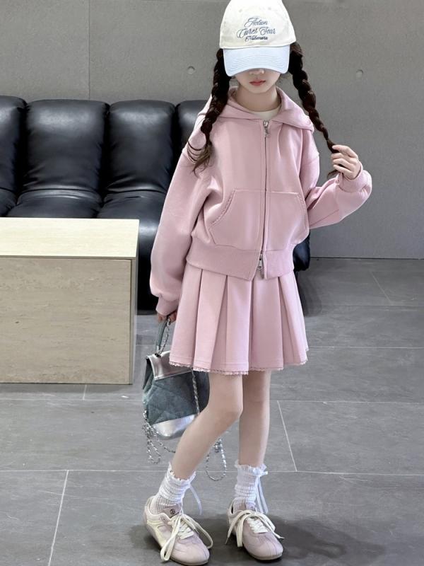 セットアップ 女の子 キッズ ジュニア 大童 カジュアル スクール風 フード付きジャケット パーカー 長袖 プリーツスカート 2点セット 上下セット 春秋 ピンク 綿混 ポリエステル