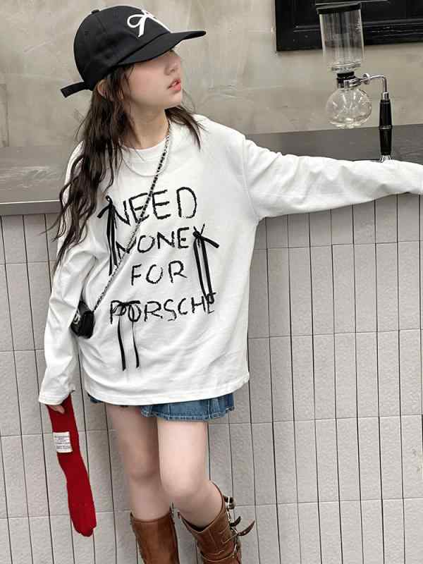 Tシャツ 女の子 キッズ ジュニア 長袖 春秋 韓国 お洒落 カジュアル 普段使い 着回し ゆったりシルエット 無地 コットン ソフトタッチ インナー 中高生 ティーンズ 140cm 150cm 160cm