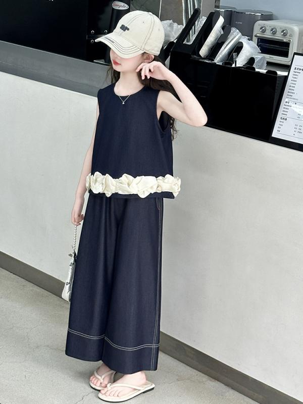 セットアップ キッズ 女の子 春夏 ノースリーブ デニム 薄手 柔らか 九分丈パンツ ツーピース 韓国ファッション カジュアル 普段使い ネイビー