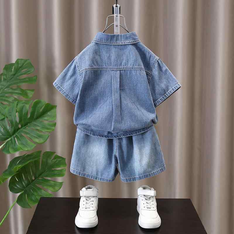 デニムセットアップ キッズ 男の子 半袖 ショートパンツ 夏 薄手 ブルー カジュアル おしゃれ 普段使い 通気性抜群 韓国 綿素材 柔らかい ロゴプリント 上下2点セット