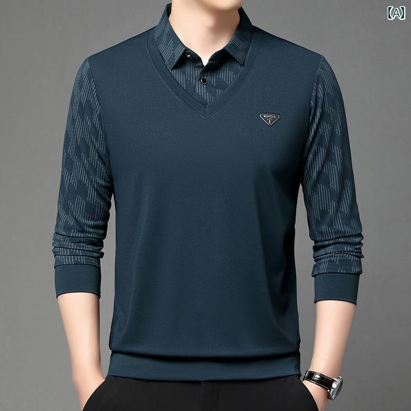 Tシャツ メンズ 男性用 ミドルエイジ向け 長袖 重ね着風 フェイクレイヤード チェック柄 切り替え ゆったり ルーズフィット 高弾性 伸縮性 カジュアル 春秋 ポリエステル混紡 普段使い トップス