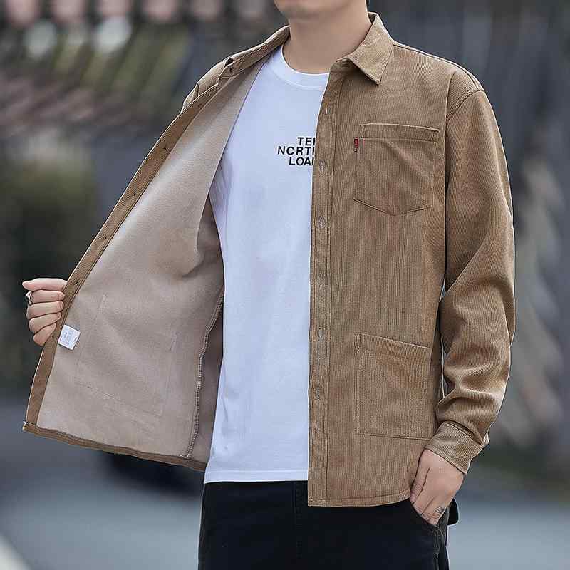 シャツ メンズ 男性用 コーデュロイ ポリエステル 裏起毛 厚手 暖かい 防寒 長袖 角襟 無地 ゆったり ルーズフィット ビッグシルエット 多ポケット カジュアル 着回し ジャケット 秋冬