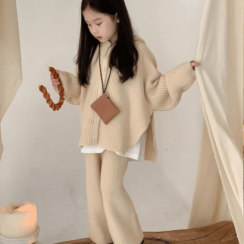 セットアップ 女の子 キッズ 子供 秋冬 韓国 フード付き 厚手 裏起毛 ニット 2点セット 長袖 ロングパンツ カジュアル パンツスーツ 無地 アクリル アイボリー ベージュ ブラウン系 かわいい 普段使い