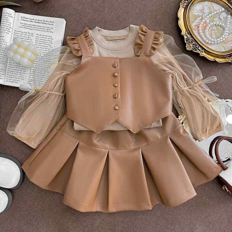 セットアップ キッズ 女の子 女の子 秋冬 3点セット スカートルック フェイクレザー トップス Tシャツ 綿 コットン 長袖 韓国 おしゃれ トレンド 薄手 普段使い お出かけ 通学