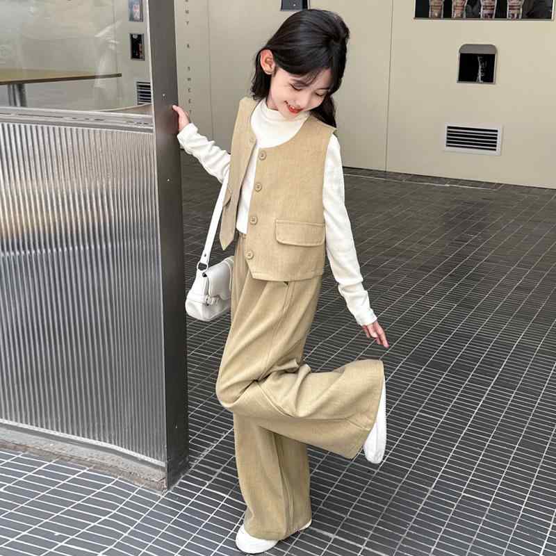 セットアップ 女の子 ガールズ ジュニア 春秋 スーツ風 ベスト ジレ パンツ スリーピース 3点セット 韓国 おしゃれ かわいい トレンド フォーマル カジュアル ポリエステル ソフトタッチ 無地