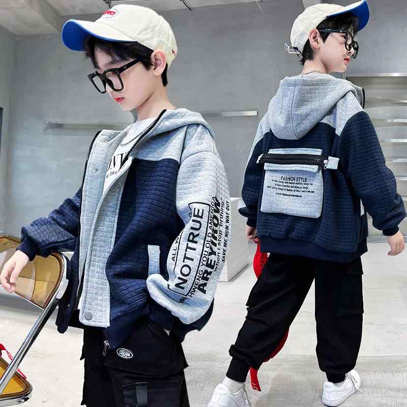 ジャケット 男の子 キッズ ジュニア 春秋 フード付き カジュアル ストリートスタイル ロゴ 切り替え 長袖 ジップアップ 綿 柔らか ショート丈 ブルゾン ネイビー グリーン